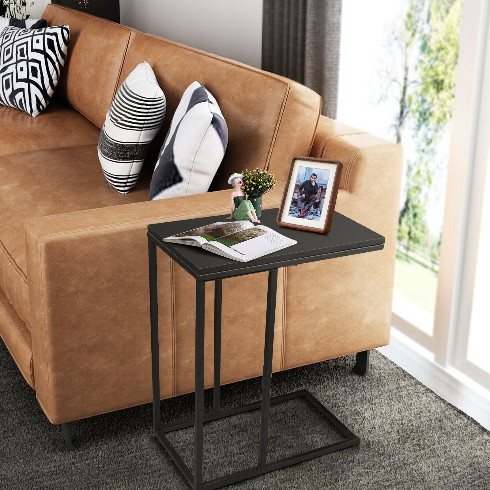 Industrial Sofa Side Table with C-Shaped Style for Living Room